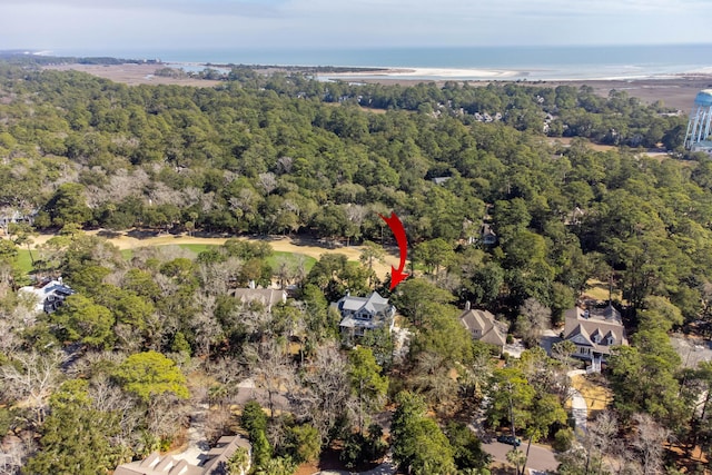 bird's eye view featuring a water view and a forest view