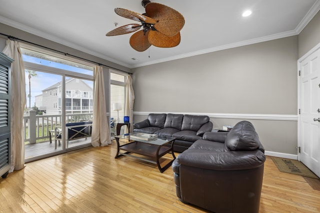 81 Sandbar Ln Unit 23, Folly Beach, SC 29439 - living area with ceiling fan, ornamental molding, light wood-type flooring, and recessed lighting