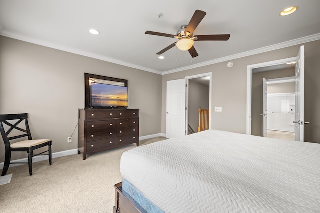 81 Sandbar Ln Unit 23, Folly Beach, SC 29439 - bedroom with ornamental molding, recessed lighting, light colored carpet, and ceiling fan