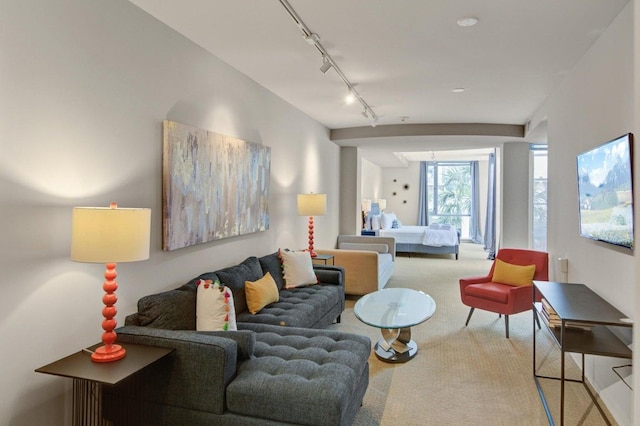 carpeted living room featuring rail lighting