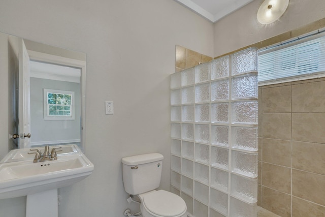 bathroom featuring a shower, ornamental molding, sink, and toilet