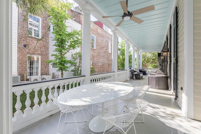 155 Wentworth St Unit A, Charleston, SC 29401 - balcony with covered porch, ceiling fan, and central AC