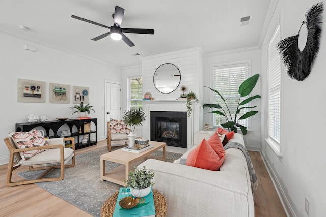 living room featuring crown molding, ceiling fan, and wood-type flooring