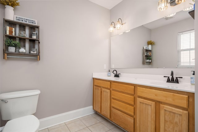 bathroom with toilet, tile patterned floors, and vanity