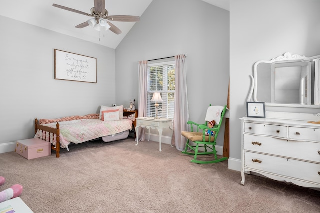 bedroom featuring high vaulted ceiling, ceiling fan, and carpet