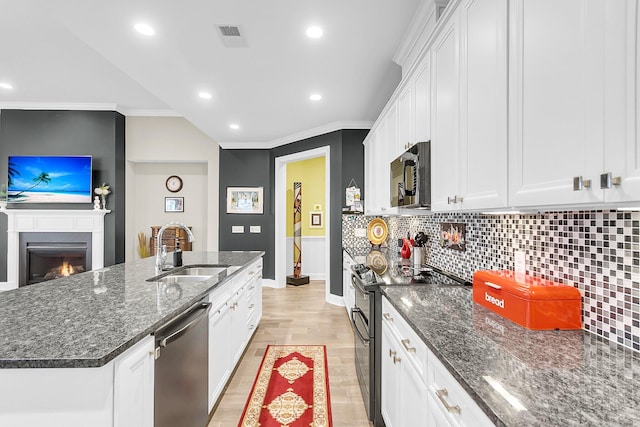 3115 Cross Vine Ln, Summerville, SC 29483 - kitchen featuring white cabinetry, black appliances, ornamental molding, and a sink