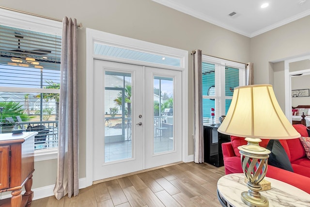 3115 Cross Vine Ln, Summerville, SC 29483 - doorway to outside with visible vents, french doors, crown molding, and wood finished floors