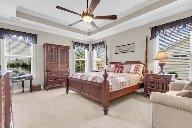 3115 Cross Vine Ln, Summerville, SC 29483 - bedroom with a tray ceiling, light carpet, visible vents, and crown molding