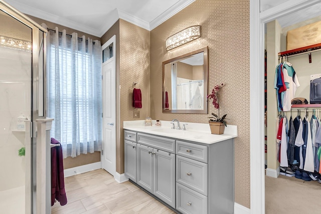 3115 Cross Vine Ln, Summerville, SC 29483 - bathroom with a stall shower, wallpapered walls, crown molding, and vanity