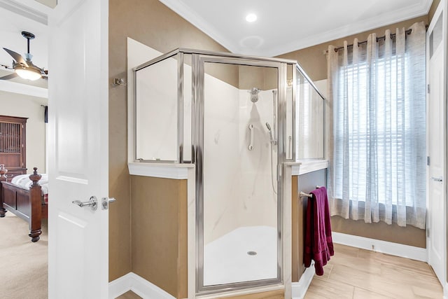 3115 Cross Vine Ln, Summerville, SC 29483 - ensuite bathroom with a stall shower, a ceiling fan, and ornamental molding