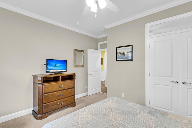 3115 Cross Vine Ln, Summerville, SC 29483 - bedroom with a ceiling fan, baseboards, ornamental molding, a closet, and light carpet