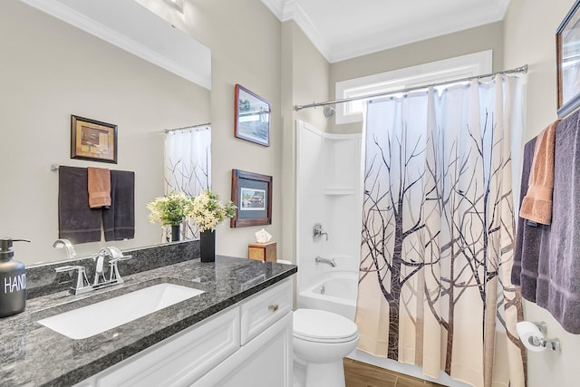 3115 Cross Vine Ln, Summerville, SC 29483 - full bath with toilet, ornamental molding, wood finished floors, shower / bath combination with curtain, and vanity
