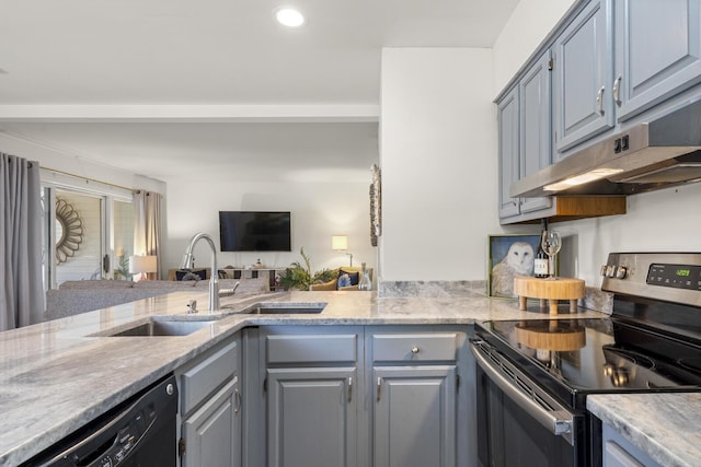 1647 Live Oak Park, Seabrook Island, SC 29455 - kitchen with stainless steel electric range, dishwasher, a sink, gray cabinets, and open floor plan