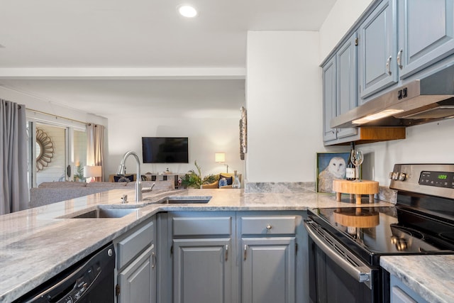 kitchen with dishwasher, stainless steel electric range, light stone countertops, and sink