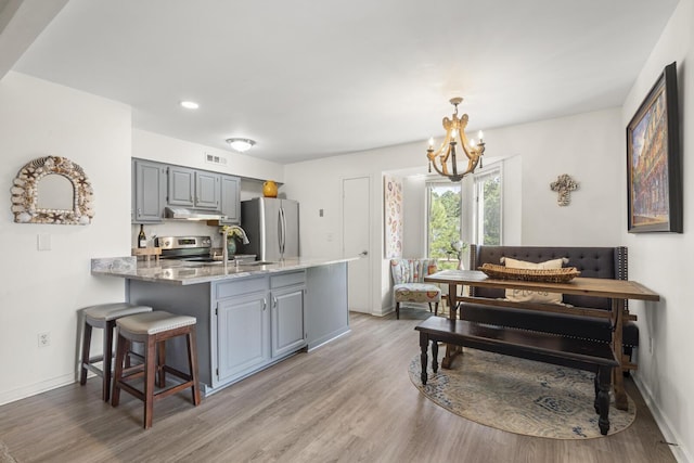 1647 Live Oak Park, Seabrook Island, SC 29455 - kitchen with stainless steel appliances, under cabinet range hood, gray cabinetry, a peninsula, and recessed lighting