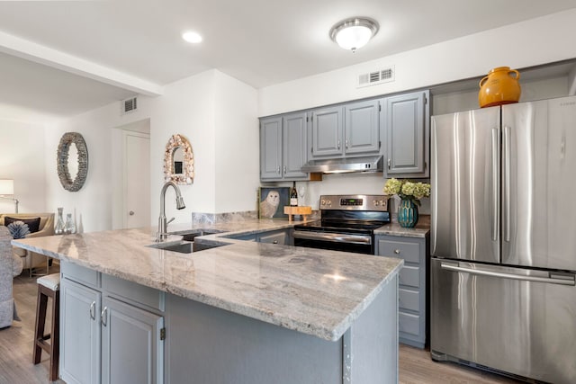 kitchen with stainless steel appliances, light hardwood / wood-style floors, light stone counters, and sink