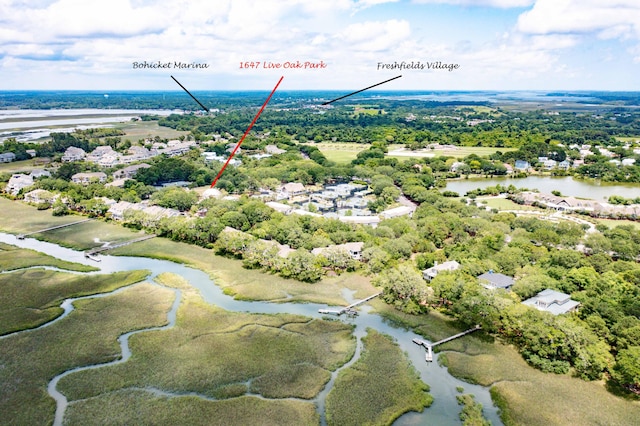 aerial view featuring a water view