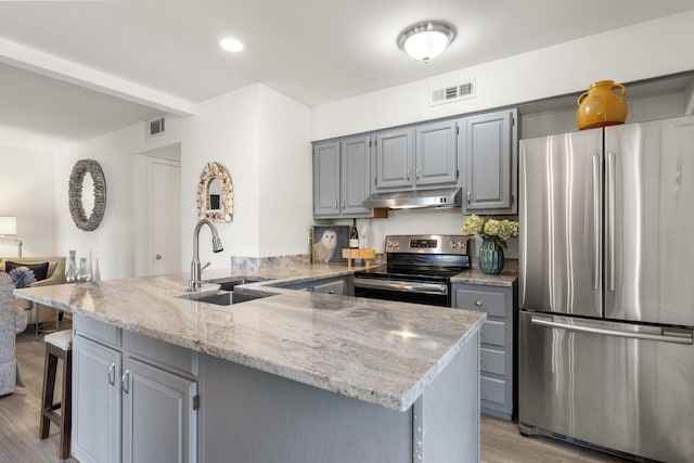1647 Live Oak Park, Seabrook Island, SC 29455 - kitchen featuring appliances with stainless steel finishes, a sink, a peninsula, gray cabinetry, and under cabinet range hood