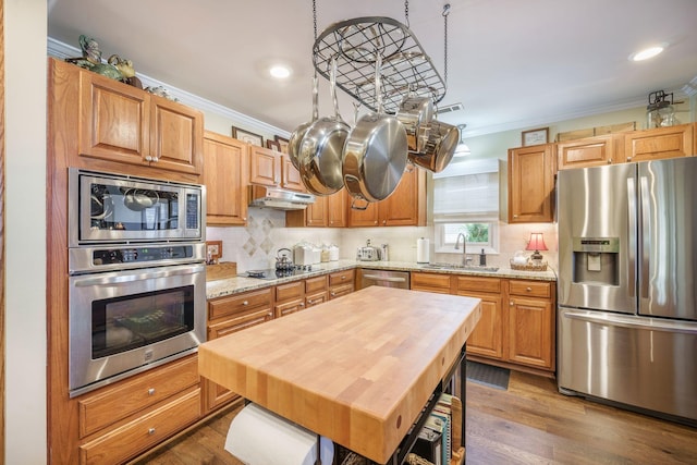 kitchen featuring a sink, ornamental molding, under cabinet range hood, and stainless steel appliances