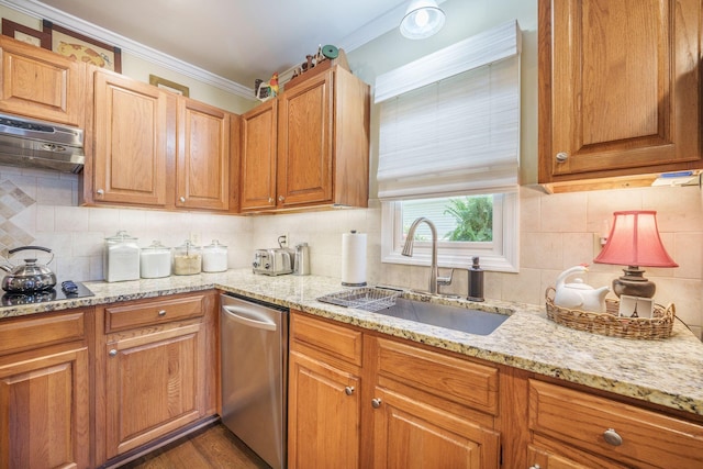 kitchen with ornamental molding, under cabinet range hood, light stone countertops, stainless steel dishwasher, and a sink