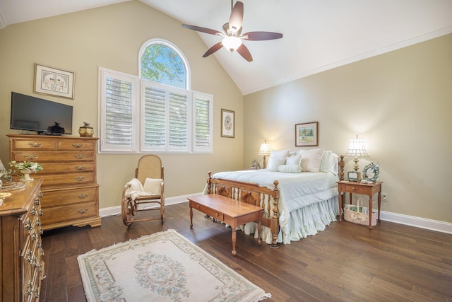 bedroom with dark wood-type flooring, baseboards, high vaulted ceiling, and ceiling fan