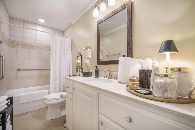 full bathroom with shower / bath combo, toilet, crown molding, vanity, and tile patterned flooring