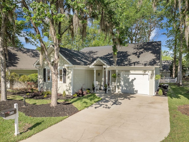 single story home featuring an attached garage, roof with shingles, and driveway