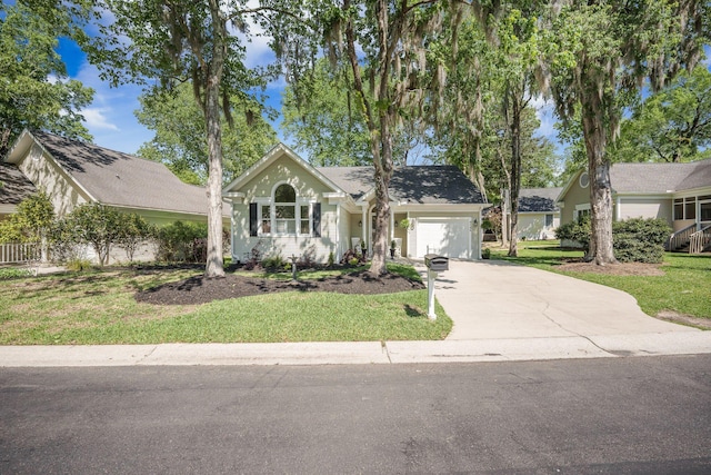 single story home with an attached garage, a front lawn, and concrete driveway