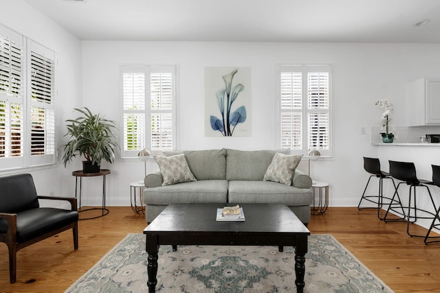 living area with baseboards and wood finished floors