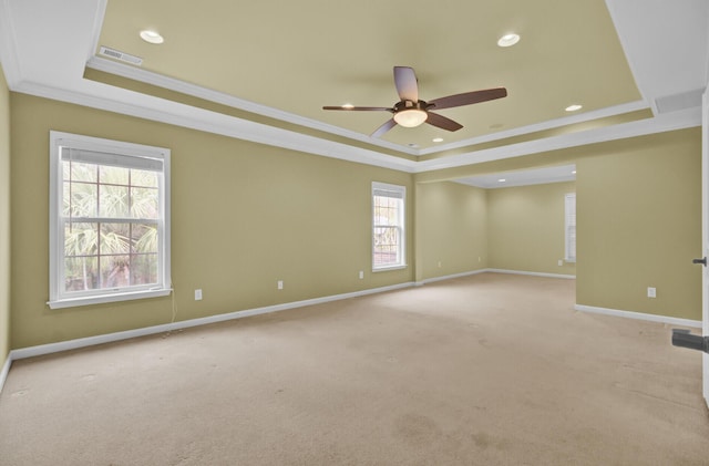 carpeted spare room featuring plenty of natural light, ornamental molding, and a raised ceiling