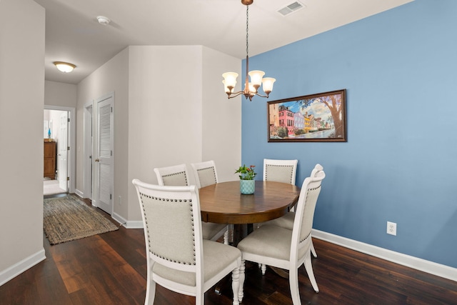 dining room with dark wood-type flooring and a chandelier