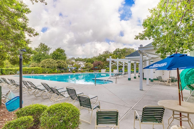 view of swimming pool with a patio and a pergola