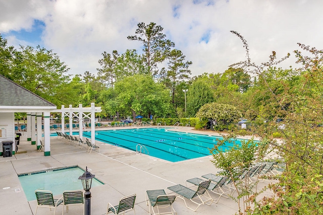 view of swimming pool featuring a patio