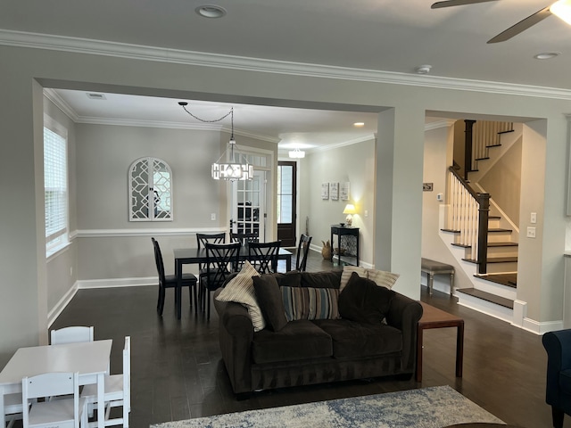 living room featuring dark wood-style floors, ornamental molding, stairway, and baseboards