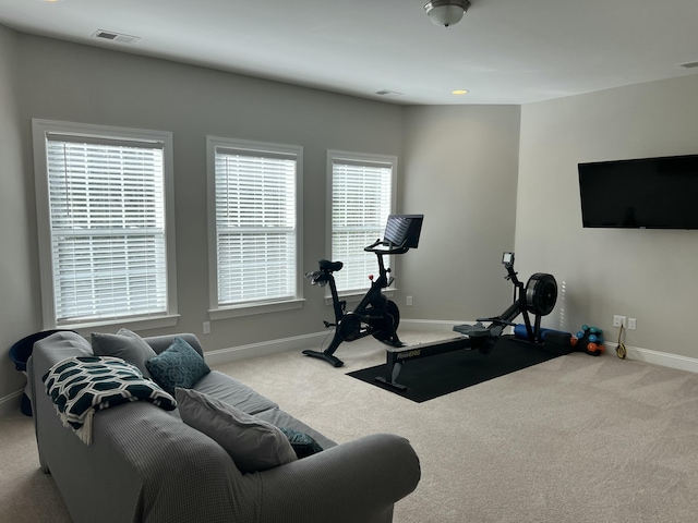 workout area featuring carpet floors, visible vents, and baseboards