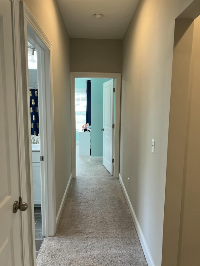 corridor with carpet floors and baseboards