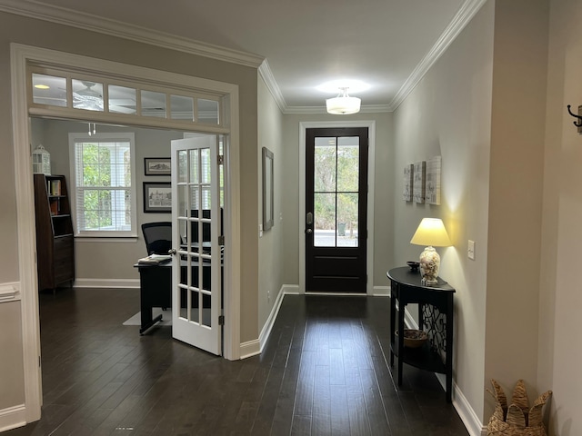 foyer entrance with baseboards, ornamental molding, and dark wood-style flooring