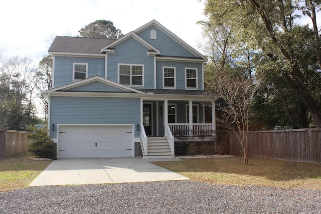 view of front of home featuring a garage, fence, a porch, and concrete driveway