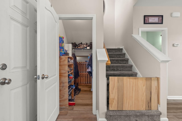 stairs with hardwood / wood-style floors