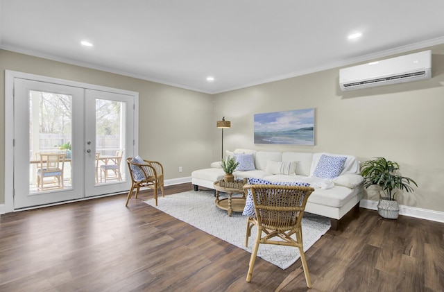 living room featuring crown molding, an AC wall unit, dark hardwood / wood-style floors, and french doors