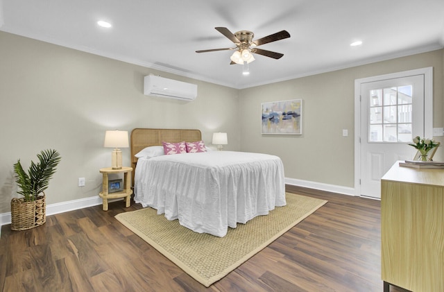 bedroom with crown molding, dark hardwood / wood-style floors, a wall mounted air conditioner, and ceiling fan