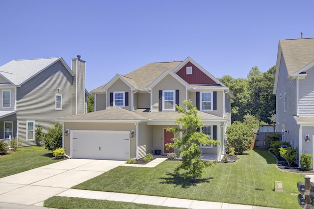 308 Legendres Dr, Goose Creek, SC 29445 - view of front of home featuring an attached garage, board and batten siding, concrete driveway, and a front lawn