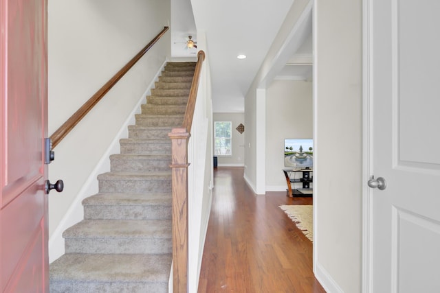 308 Legendres Dr, Goose Creek, SC 29445 - stairway featuring wood finished floors, baseboards, recessed lighting, and ornamental molding