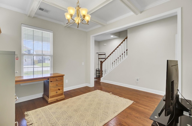 308 Legendres Dr, Goose Creek, SC 29445 - home office with a chandelier, dark wood finished floors, beam ceiling, baseboards, and ornamental molding