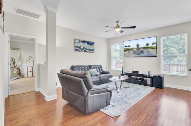 308 Legendres Dr, Goose Creek, SC 29445 - living area with ceiling fan, hardwood / wood-style floors, baseboards, and decorative columns
