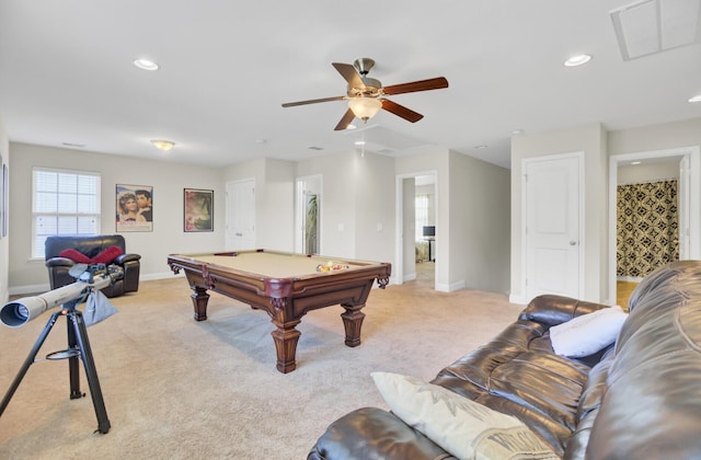 308 Legendres Dr, Goose Creek, SC 29445 - playroom featuring billiards table, light colored carpet, baseboards, ceiling fan, and recessed lighting