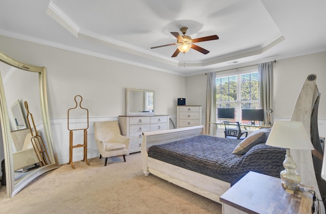 308 Legendres Dr, Goose Creek, SC 29445 - carpeted bedroom featuring a raised ceiling, ornamental molding, a ceiling fan, and a wainscoted wall