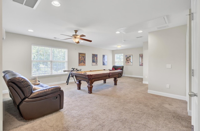 308 Legendres Dr, Goose Creek, SC 29445 - rec room featuring attic access, billiards table, carpet, baseboards, and recessed lighting