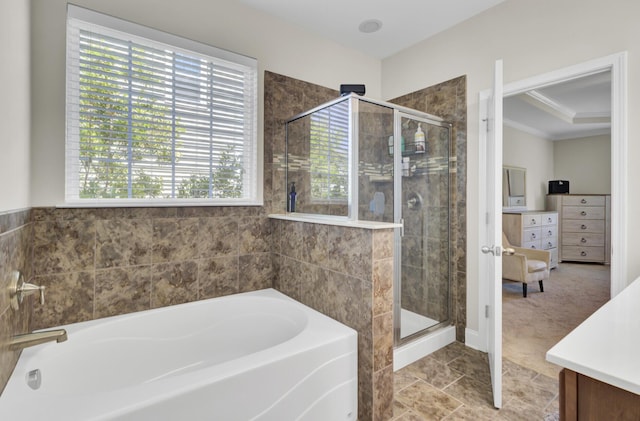 308 Legendres Dr, Goose Creek, SC 29445 - full bathroom featuring vanity, a bath, a stall shower, and crown molding
