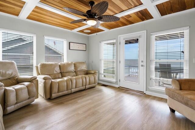 living room with ceiling fan, beam ceiling, coffered ceiling, wooden ceiling, and light wood-type flooring